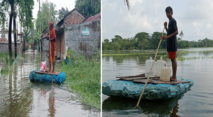 সাতক্ষীরায় জলাবদ্ধ মানুষের একমাত্র ভরসা ‌‘ভেলা’